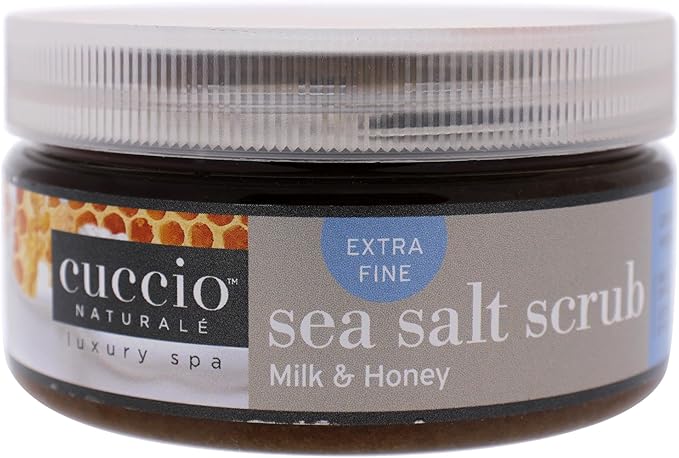 Exfoliante de sal marina Cuccio Naturale - Nutre y exfolia para eliminar las células muertas de la piel - Deja la piel tersa, radiante y con un aspecto juvenil - Hidrata profundamente - Leche y miel - 237 ml